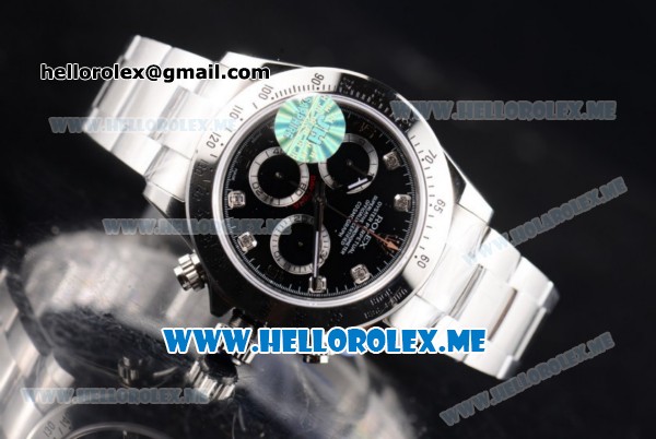 Rolex Daytona Clone Rolex 4130 Automatic Stainless Steel Case/Bracelet with Black Dial and Diamonds Markers (BP) - Click Image to Close